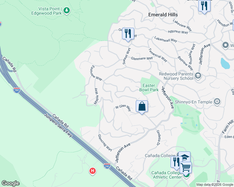 map of restaurants, bars, coffee shops, grocery stores, and more near 721 West California Way in Redwood City