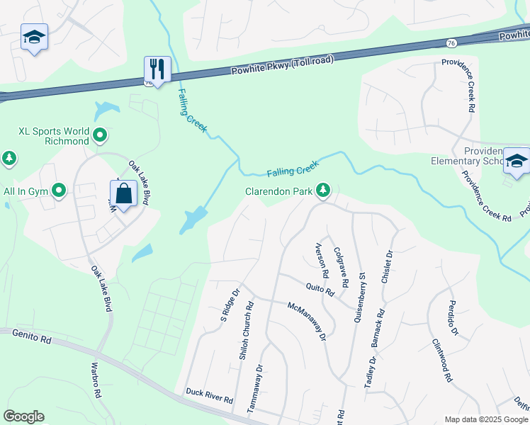 map of restaurants, bars, coffee shops, grocery stores, and more near 2500 South Ridge Drive in Midlothian