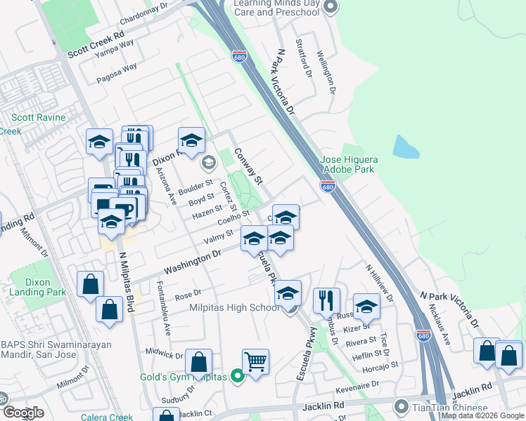 map of restaurants, bars, coffee shops, grocery stores, and more near 415 Coelho Street in Milpitas