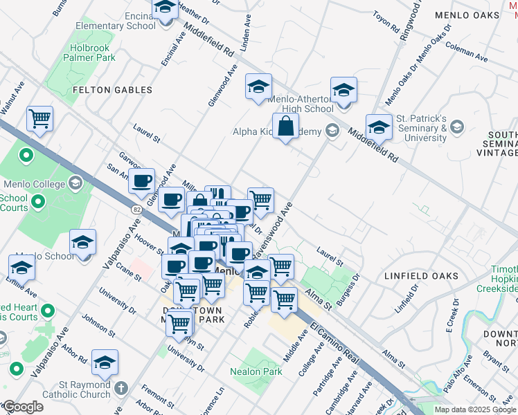 map of restaurants, bars, coffee shops, grocery stores, and more near 1119c Laurel Street in Menlo Park