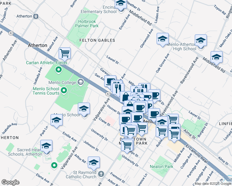 map of restaurants, bars, coffee shops, grocery stores, and more near 550 Glenwood Avenue in Menlo Park