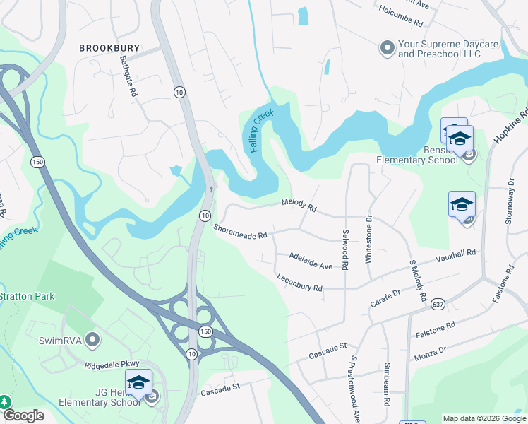map of restaurants, bars, coffee shops, grocery stores, and more near 4633 Melody Road in Richmond