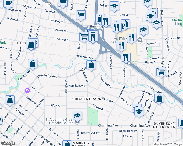 map of restaurants, bars, coffee shops, grocery stores, and more near 548 East Crescent Drive in Palo Alto