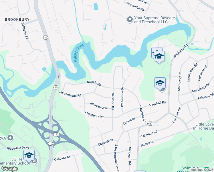 map of restaurants, bars, coffee shops, grocery stores, and more near 4412 Melody Road in Richmond
