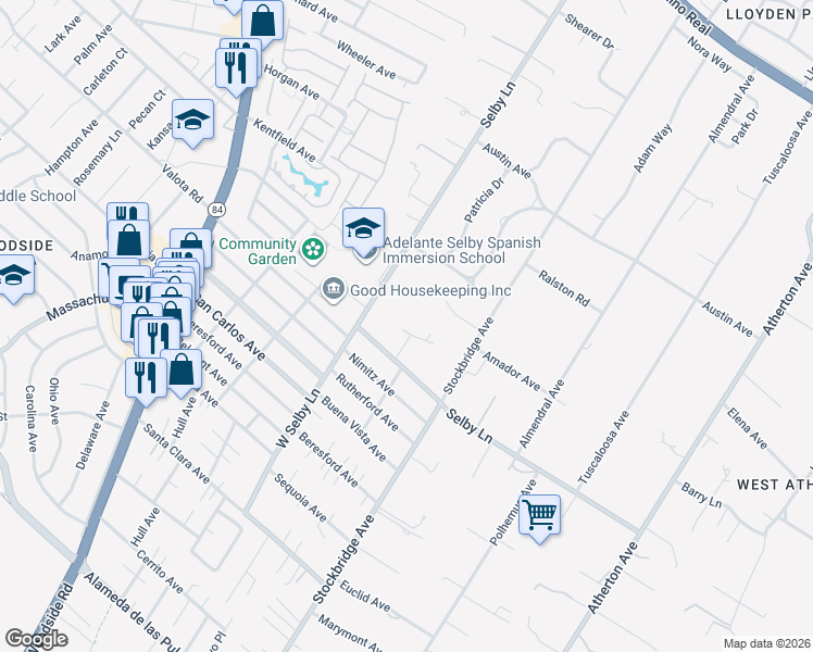 map of restaurants, bars, coffee shops, grocery stores, and more near 243 Selby Lane in Atherton