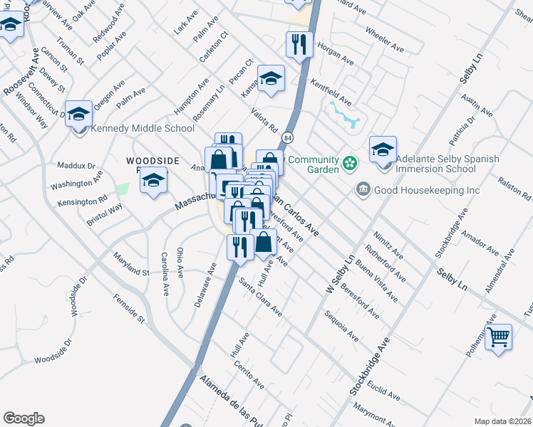 map of restaurants, bars, coffee shops, grocery stores, and more near 122 Beresford Avenue in Redwood City