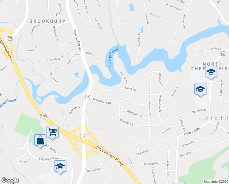 map of restaurants, bars, coffee shops, grocery stores, and more near 4633 Melody Road in Richmond