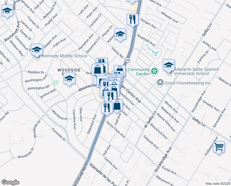 map of restaurants, bars, coffee shops, grocery stores, and more near 1501 Woodside Road in Redwood City