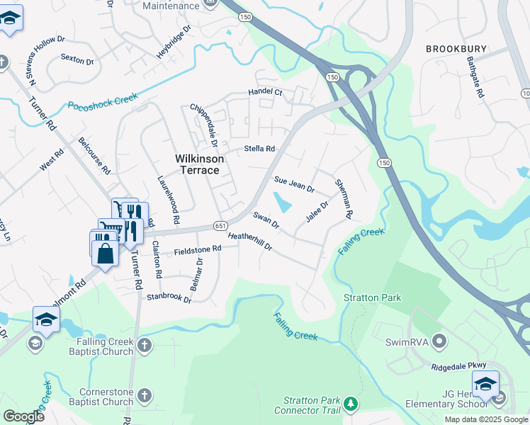 map of restaurants, bars, coffee shops, grocery stores, and more near 5638 Swan Court in Richmond