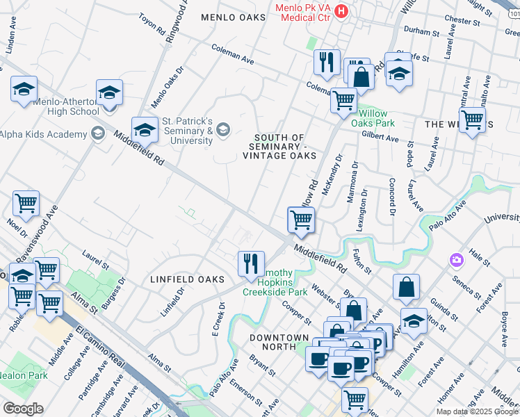 map of restaurants, bars, coffee shops, grocery stores, and more near 250 Middlefield Road in Menlo Park