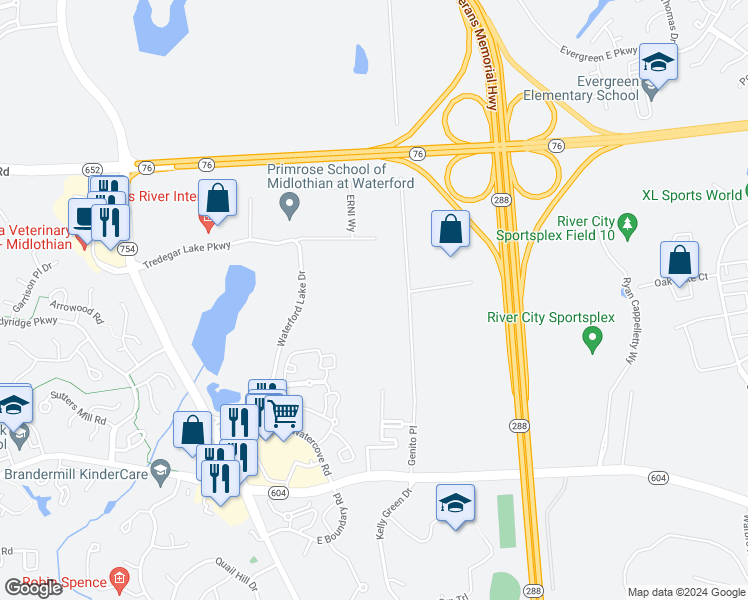 map of restaurants, bars, coffee shops, grocery stores, and more near 2998 Genito Place in Midlothian