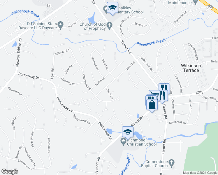 map of restaurants, bars, coffee shops, grocery stores, and more near 3801 Darcy Lane in Chesterfield