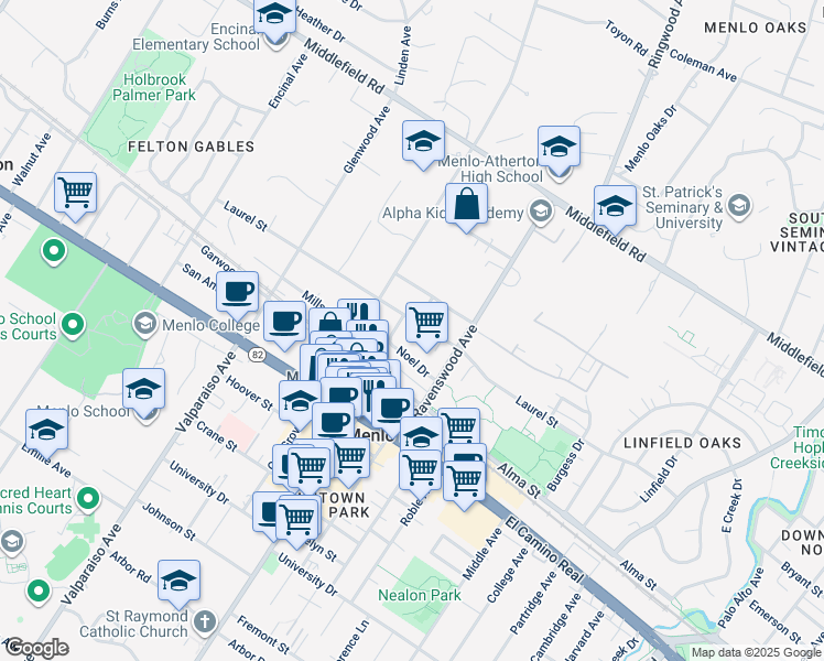 map of restaurants, bars, coffee shops, grocery stores, and more near 1119c Laurel Street in Menlo Park
