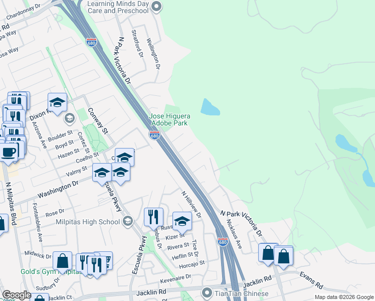 map of restaurants, bars, coffee shops, grocery stores, and more near 677 Cardiff Place in Milpitas