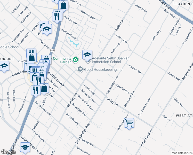map of restaurants, bars, coffee shops, grocery stores, and more near 243 Selby Lane in Atherton