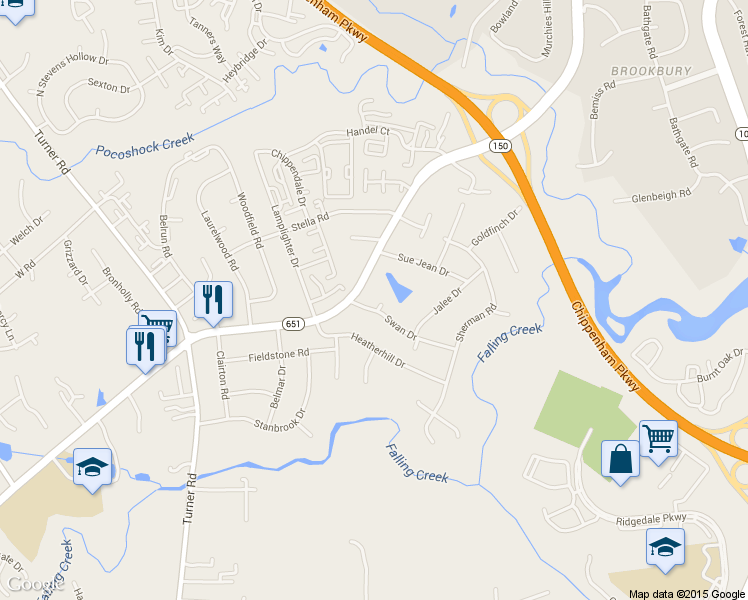 map of restaurants, bars, coffee shops, grocery stores, and more near 5638 Swan Court in Richmond