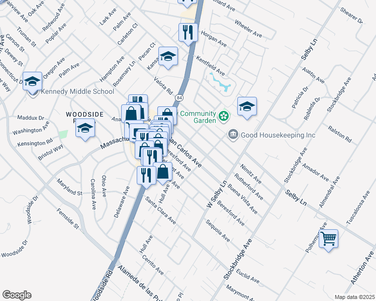 map of restaurants, bars, coffee shops, grocery stores, and more near 223 San Carlos Avenue in Redwood City