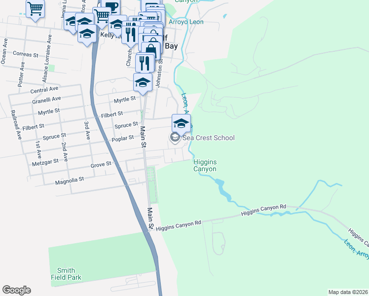 map of restaurants, bars, coffee shops, grocery stores, and more near 957 South Arnold Way in Half Moon Bay