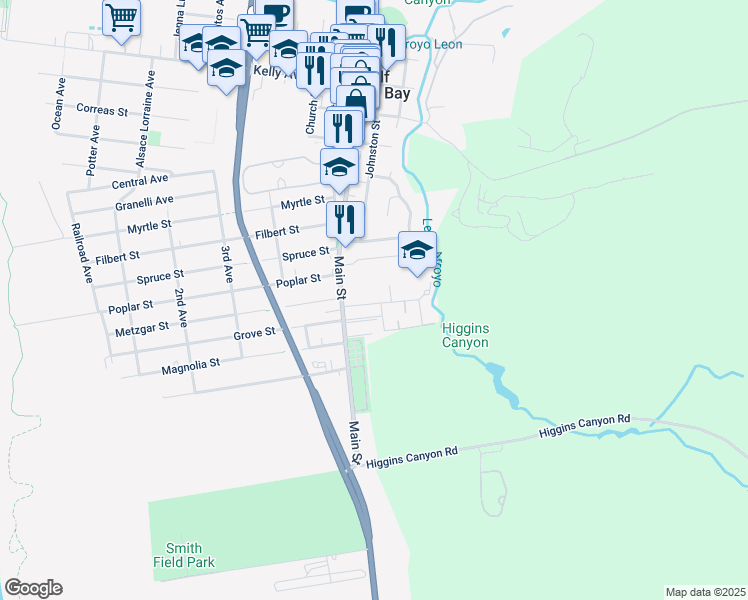 map of restaurants, bars, coffee shops, grocery stores, and more near 38 Arnold Way in Half Moon Bay