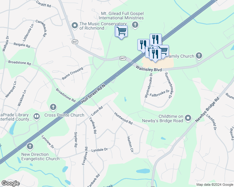 map of restaurants, bars, coffee shops, grocery stores, and more near 8343 Hull Street Road in Richmond