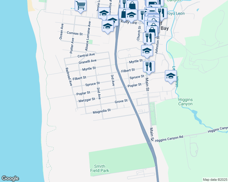 map of restaurants, bars, coffee shops, grocery stores, and more near 484 Poplar Street in Half Moon Bay