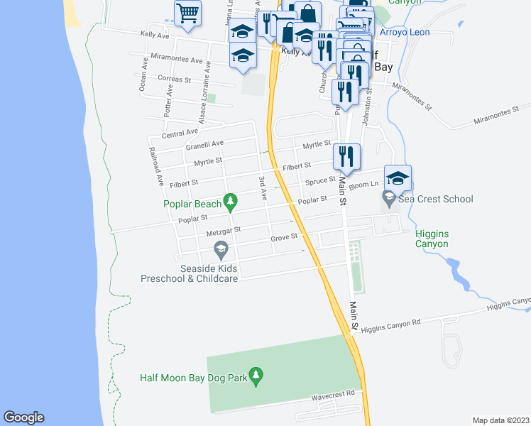 map of restaurants, bars, coffee shops, grocery stores, and more near 484 Poplar Street in Half Moon Bay