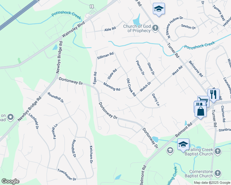 map of restaurants, bars, coffee shops, grocery stores, and more near 6961 Manning Road in Chesterfield
