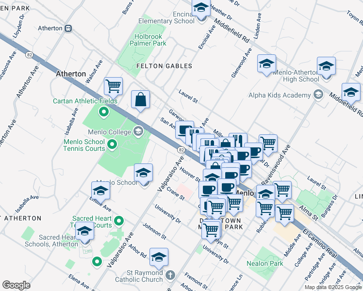 map of restaurants, bars, coffee shops, grocery stores, and more near in Menlo Park