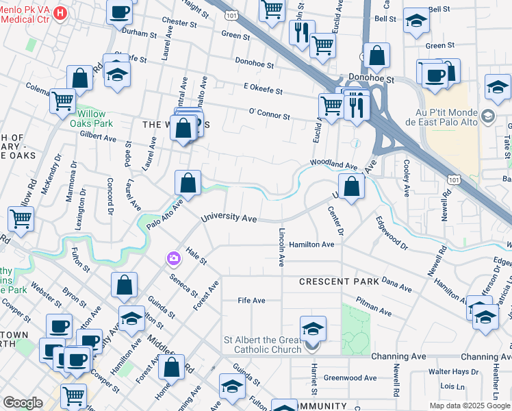 map of restaurants, bars, coffee shops, grocery stores, and more near 430 Palm Street in Palo Alto