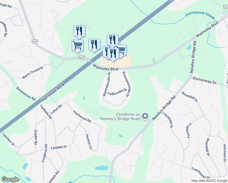 map of restaurants, bars, coffee shops, grocery stores, and more near 8100 Fallbrooke Drive in Richmond