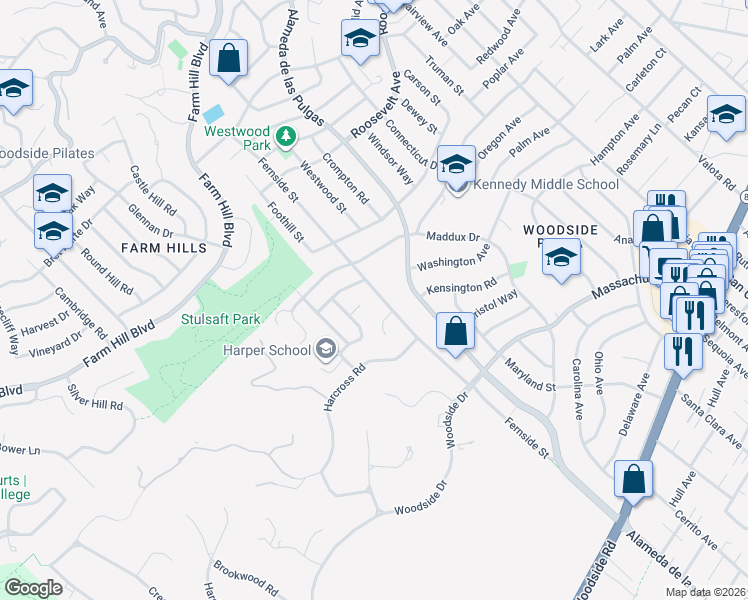 map of restaurants, bars, coffee shops, grocery stores, and more near 1528 Fernside Street in Redwood City