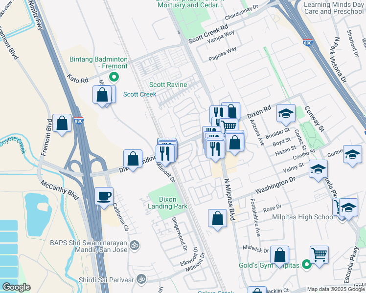 map of restaurants, bars, coffee shops, grocery stores, and more near 12 Via Ensenada in Milpitas