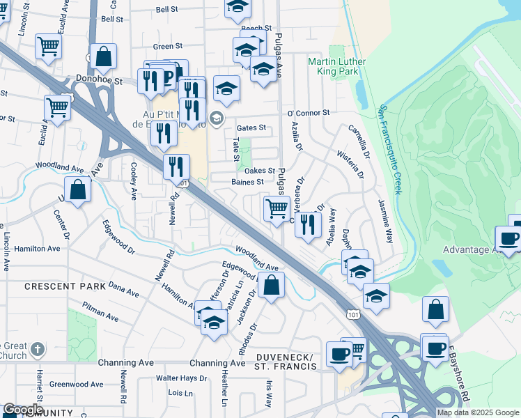 map of restaurants, bars, coffee shops, grocery stores, and more near 1855 East Bayshore Road in East Palo Alto