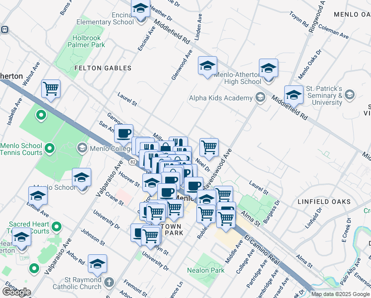 map of restaurants, bars, coffee shops, grocery stores, and more near 451 Oak Grove Avenue in Menlo Park