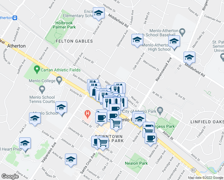 map of restaurants, bars, coffee shops, grocery stores, and more near 1229 Mills Street in Menlo Park