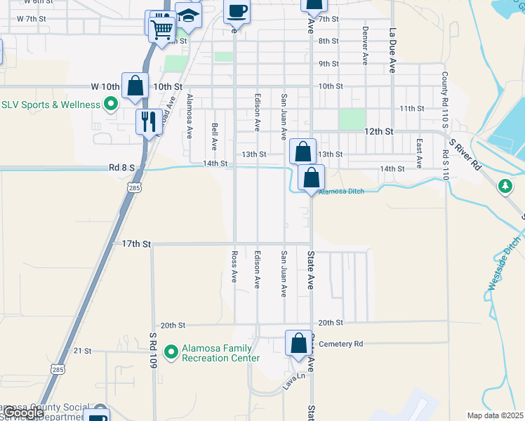 map of restaurants, bars, coffee shops, grocery stores, and more near 1520 Edison Avenue in Alamosa