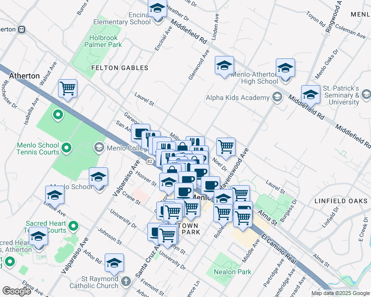 map of restaurants, bars, coffee shops, grocery stores, and more near 1229 Mills Street in Menlo Park