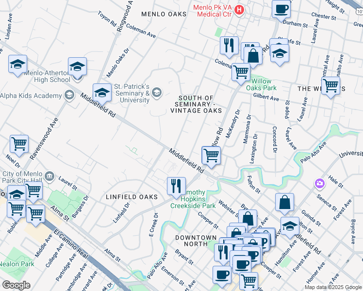 map of restaurants, bars, coffee shops, grocery stores, and more near 250 Middlefield Road in Menlo Park