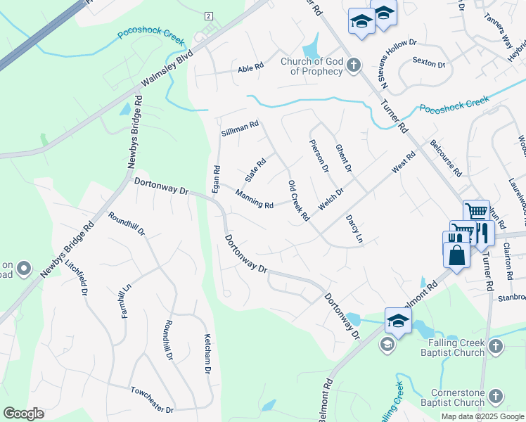 map of restaurants, bars, coffee shops, grocery stores, and more near 6961 Manning Road in Chesterfield