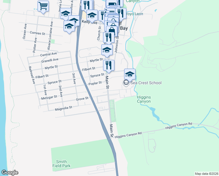 map of restaurants, bars, coffee shops, grocery stores, and more near 925 Main Street in Half Moon Bay