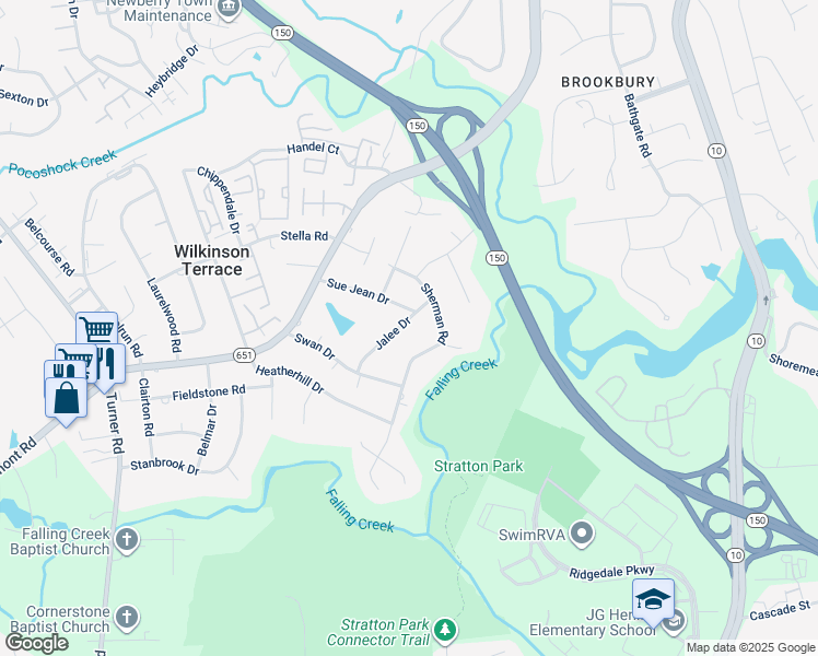map of restaurants, bars, coffee shops, grocery stores, and more near 4327 Jalee Drive in Richmond