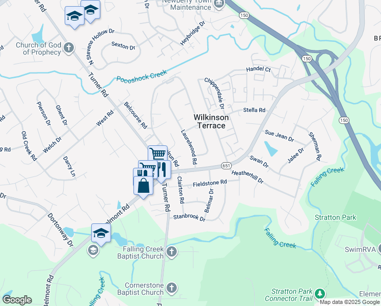 map of restaurants, bars, coffee shops, grocery stores, and more near 4130 Laurelwood Road in Richmond
