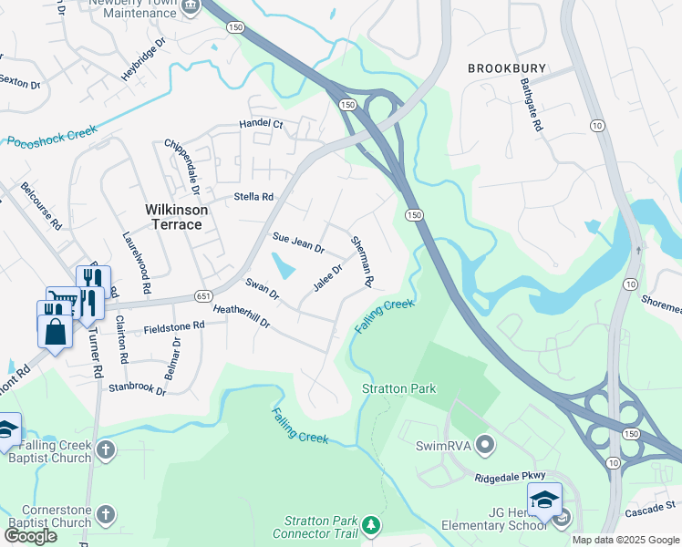 map of restaurants, bars, coffee shops, grocery stores, and more near 4327 Jalee Drive in Richmond