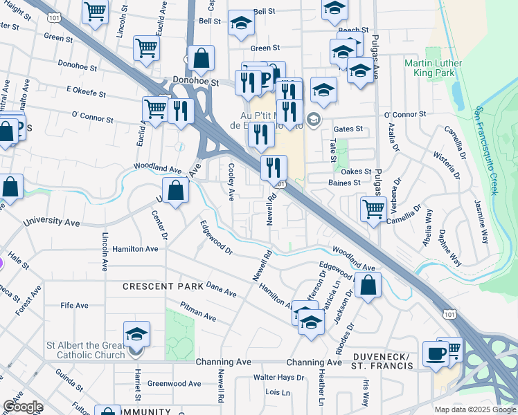 map of restaurants, bars, coffee shops, grocery stores, and more near 55 Newell Road in East Palo Alto
