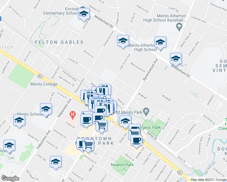 map of restaurants, bars, coffee shops, grocery stores, and more near 445 Oak Grove Avenue in Menlo Park