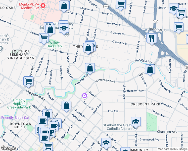 map of restaurants, bars, coffee shops, grocery stores, and more near 1144 Palo Alto Avenue in Palo Alto