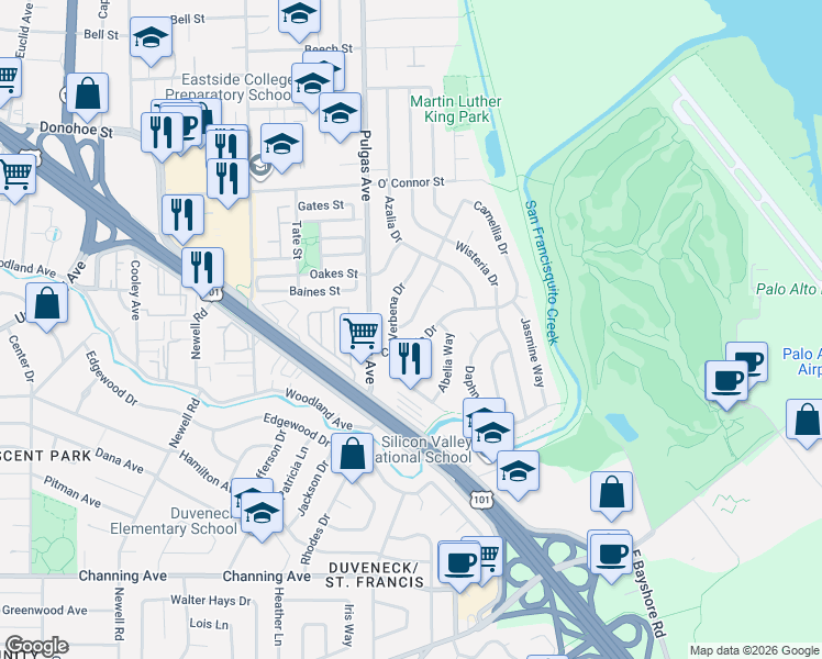 map of restaurants, bars, coffee shops, grocery stores, and more near 112 Gardenia Way in East Palo Alto