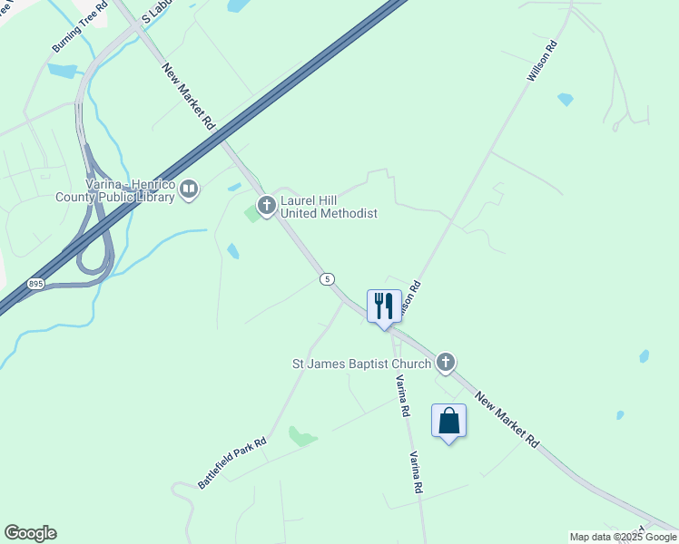 map of restaurants, bars, coffee shops, grocery stores, and more near 1980 New Market Road in Henrico