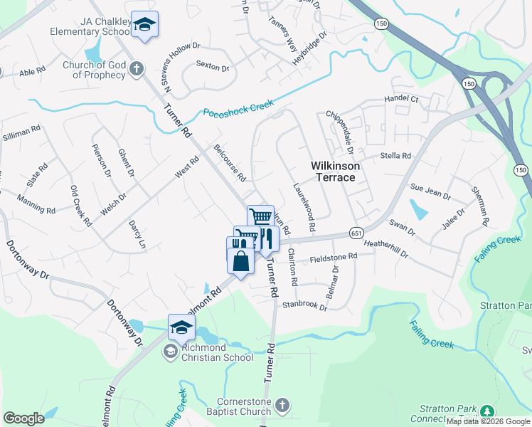 map of restaurants, bars, coffee shops, grocery stores, and more near 6200 Walderbrook Road in Richmond