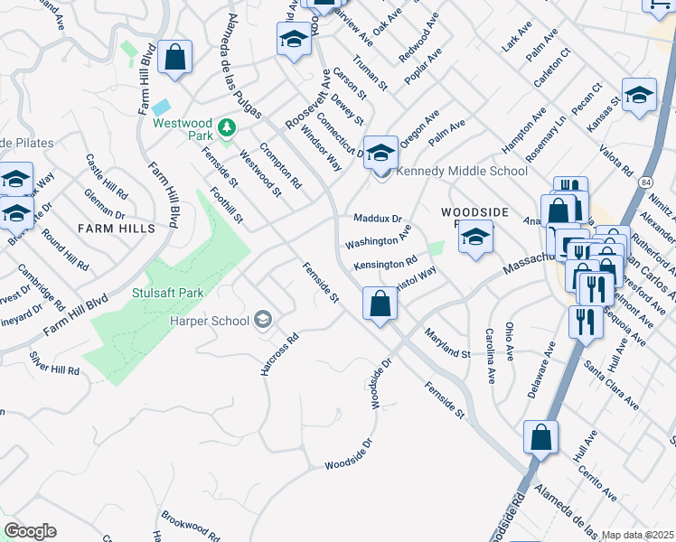 map of restaurants, bars, coffee shops, grocery stores, and more near 1580 Alameda de las Pulgas in Redwood City